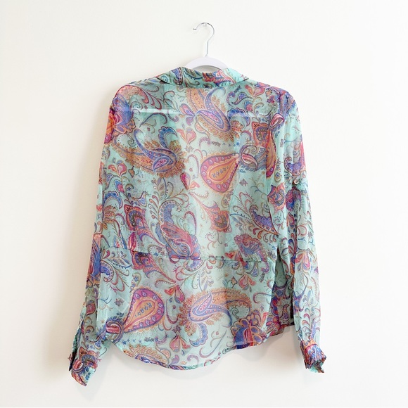 Umgee | Blue Teal Paisley Button Down Chiffon Top Size Medium - Picture 2 of 7